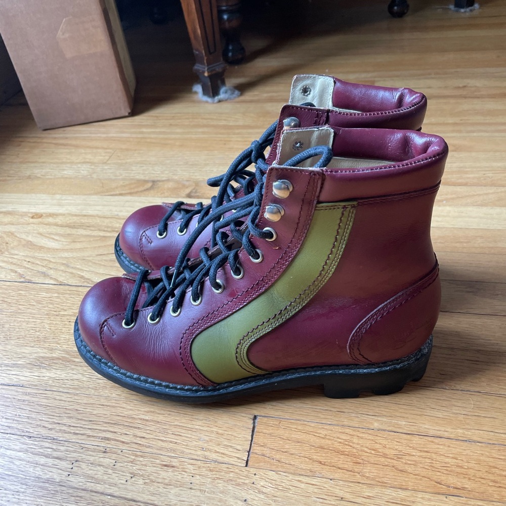 Burgundy and green fluevog boots